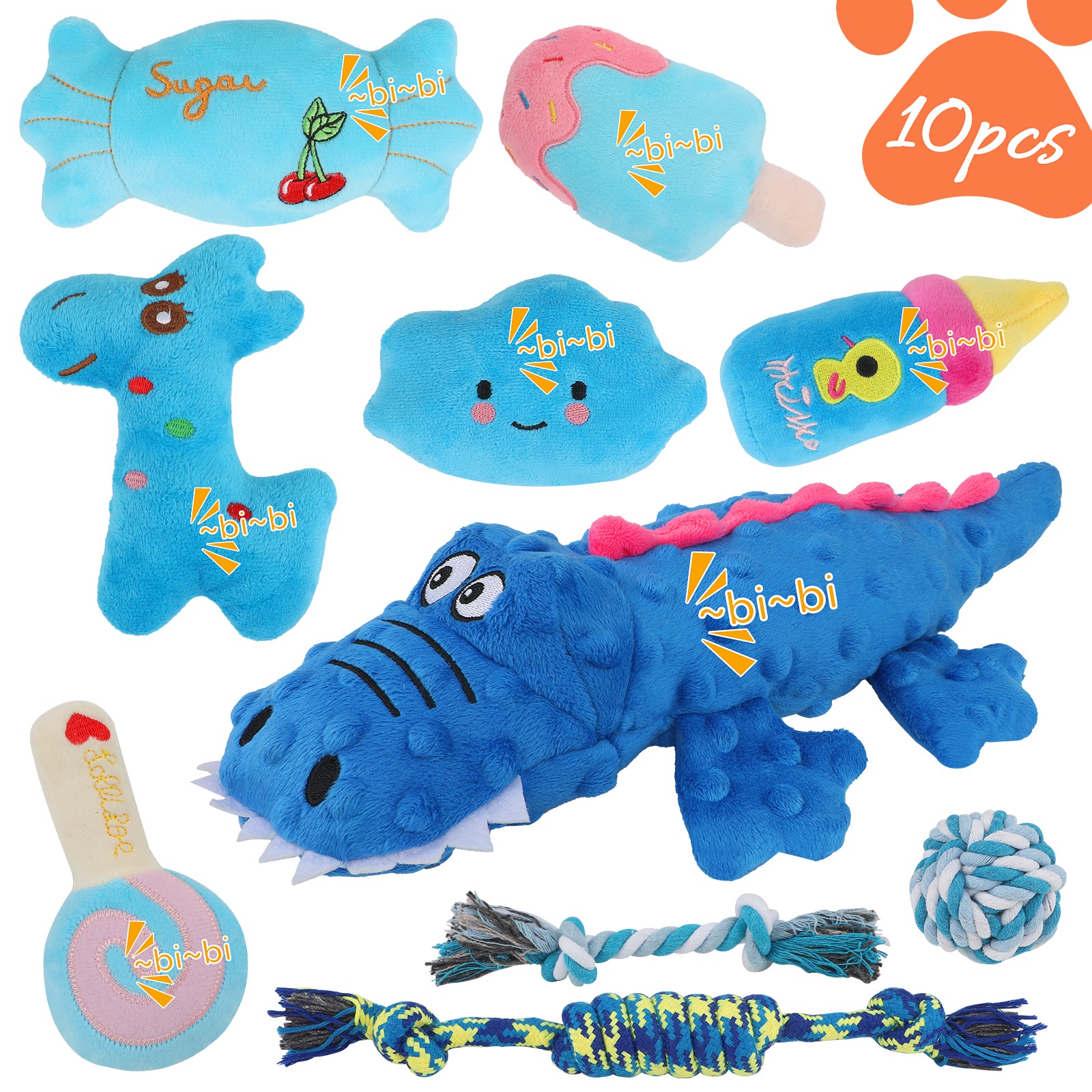 Jewyow 10-Pack Dog Toys Set for Small Dogs, Squeaky Plush Chew Toys with Ball & Rope for Puppy Teeth Cleaning, Interactive Fun and Training