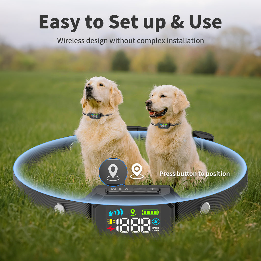 Jewyow GPS Wireless Electric Dog Fence, Perimeter Containment System with Rechargeable Collar, 33–1999 Yards Range, IPX7 Waterproof, 3 Correction Modes (Beep/Vibration/Shock)