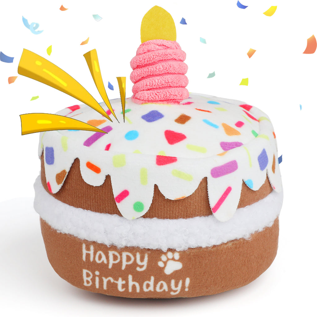 Jewyow Dog Birthday Toys for Large Dogs - Squeaky Plush "Cake" with Chew Guard, Durable & Fun Birthday Gift for Pets