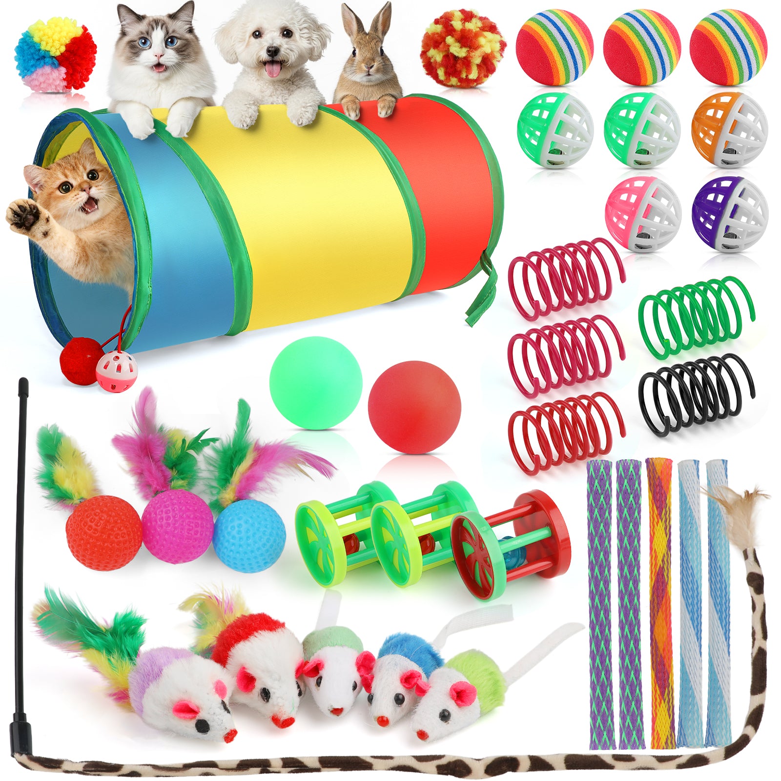 Jewyow 22 PCS Cats Toy Assortment, Catnip Toys, Interactive Pet Balls, Kitten Chew Toys, Feather Teaser Wand, Rainbow Tunnel & Mice Toys for Indoor Kitty