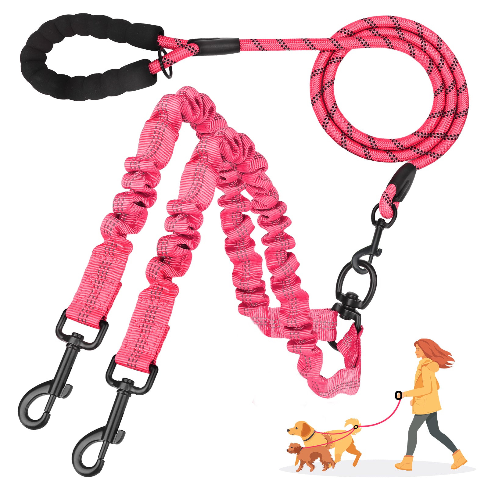 Jewyow Double Dog Leash, 360° Swivel Tangle Free Bungee Walking Training for Large Medium Dogs, Reflective Dog Leash for 2 Dogs, Purple