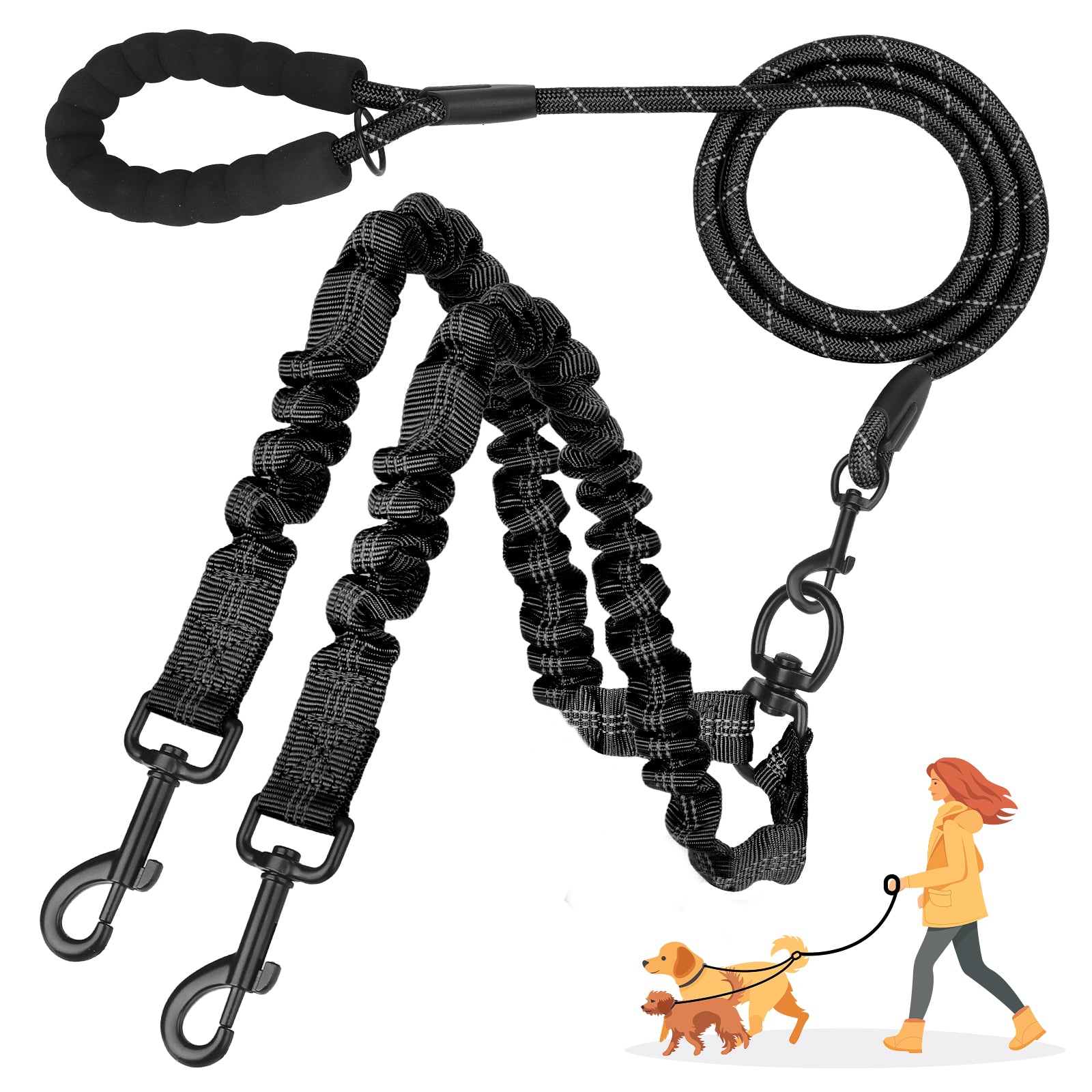Jewyow Double Dog Leash, 360° Swivel Tangle Free Bungee Walking Training for Large Medium Dogs, Reflective Dog Leash for 2 Dogs, Purple