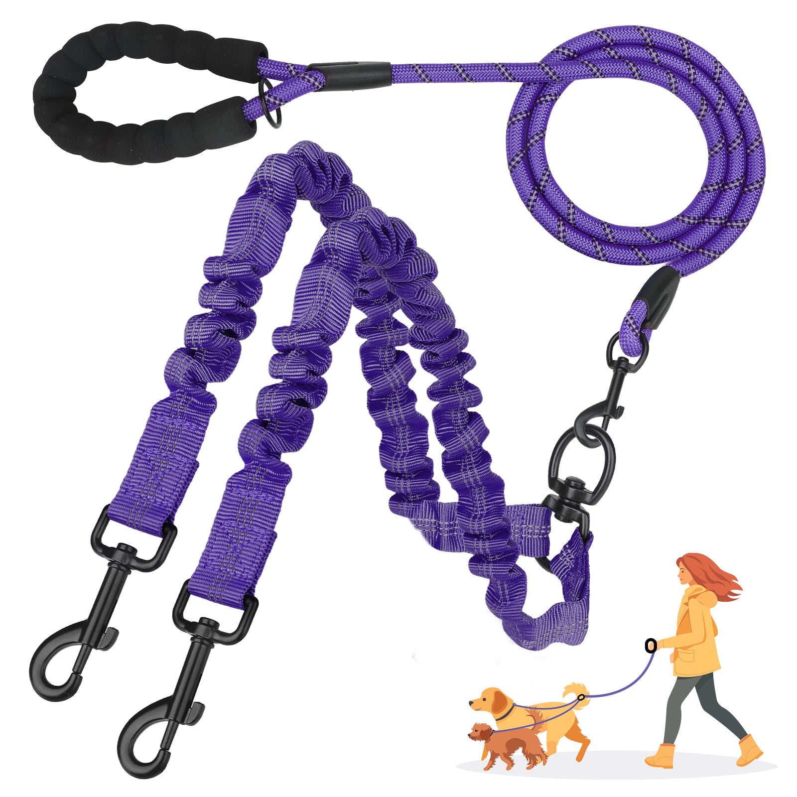 Jewyow Double Dog Leash, 360° Swivel Tangle Free Bungee Walking Training for Large Medium Dogs, Reflective Dog Leash for 2 Dogs, Purple