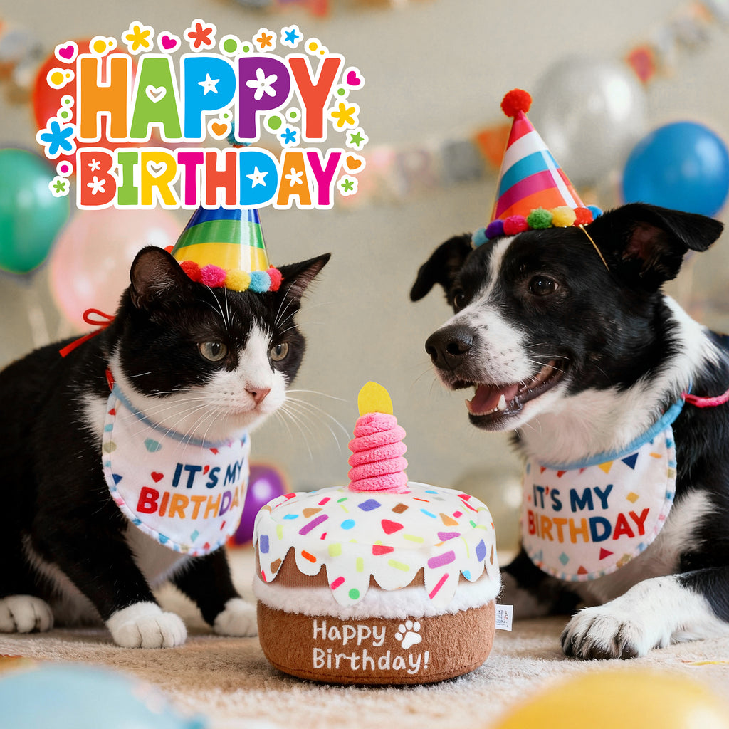 Jewyow Dog Birthday Toys for Large Dogs - Squeaky Plush "Cake" with Chew Guard, Durable & Fun Birthday Gift for Pets