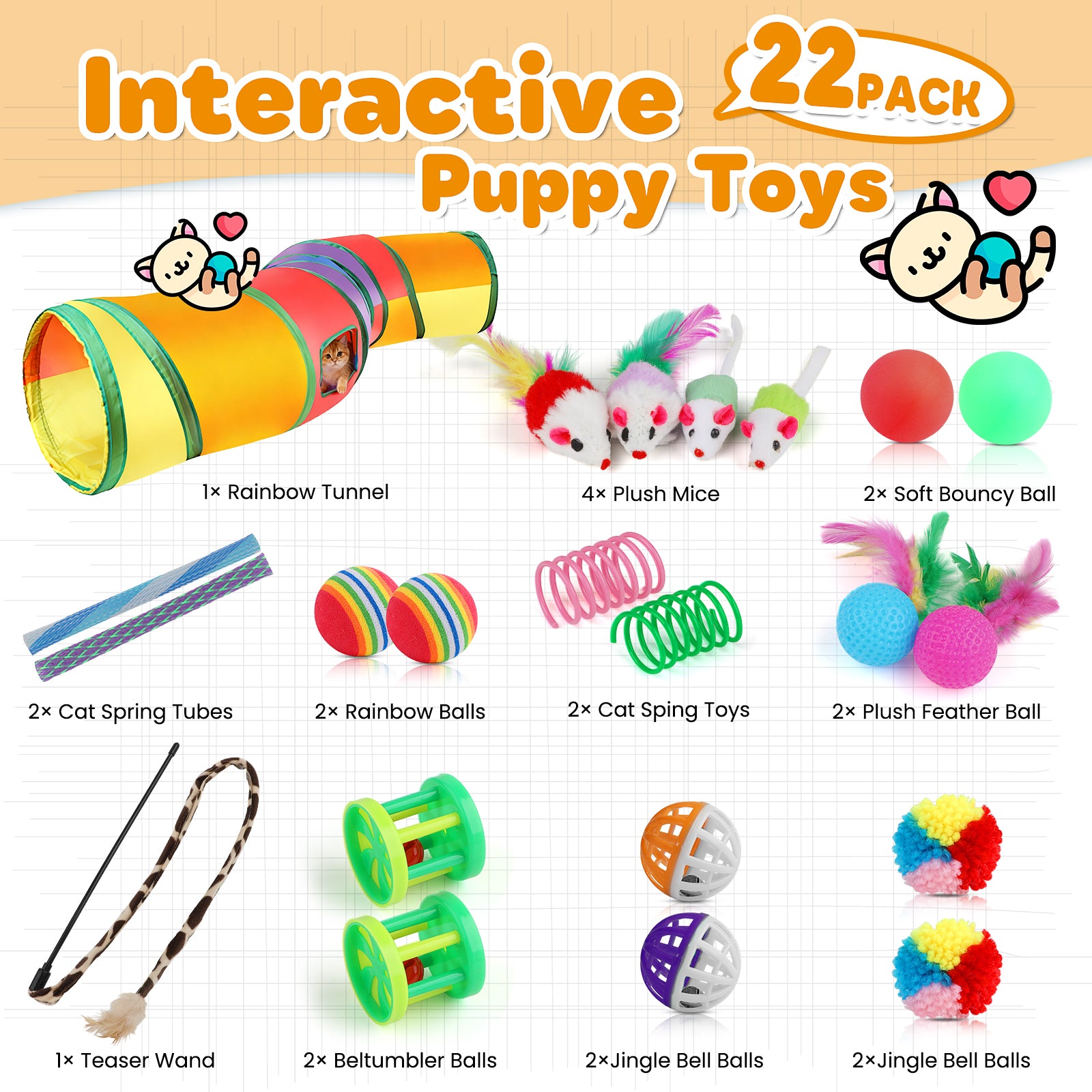 Jewyow 22 PCS Cats Toy Assortment, Catnip Toys, Interactive Pet Balls, Kitten Chew Toys, Feather Teaser Wand, Rainbow Tunnel & Mice Toys for Indoor Kitty