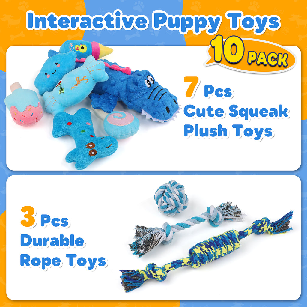 Jewyow 10-Pack Dog Toys Set for Small Dogs, Squeaky Plush Chew Toys with Ball & Rope for Puppy Teeth Cleaning, Interactive Fun and Training