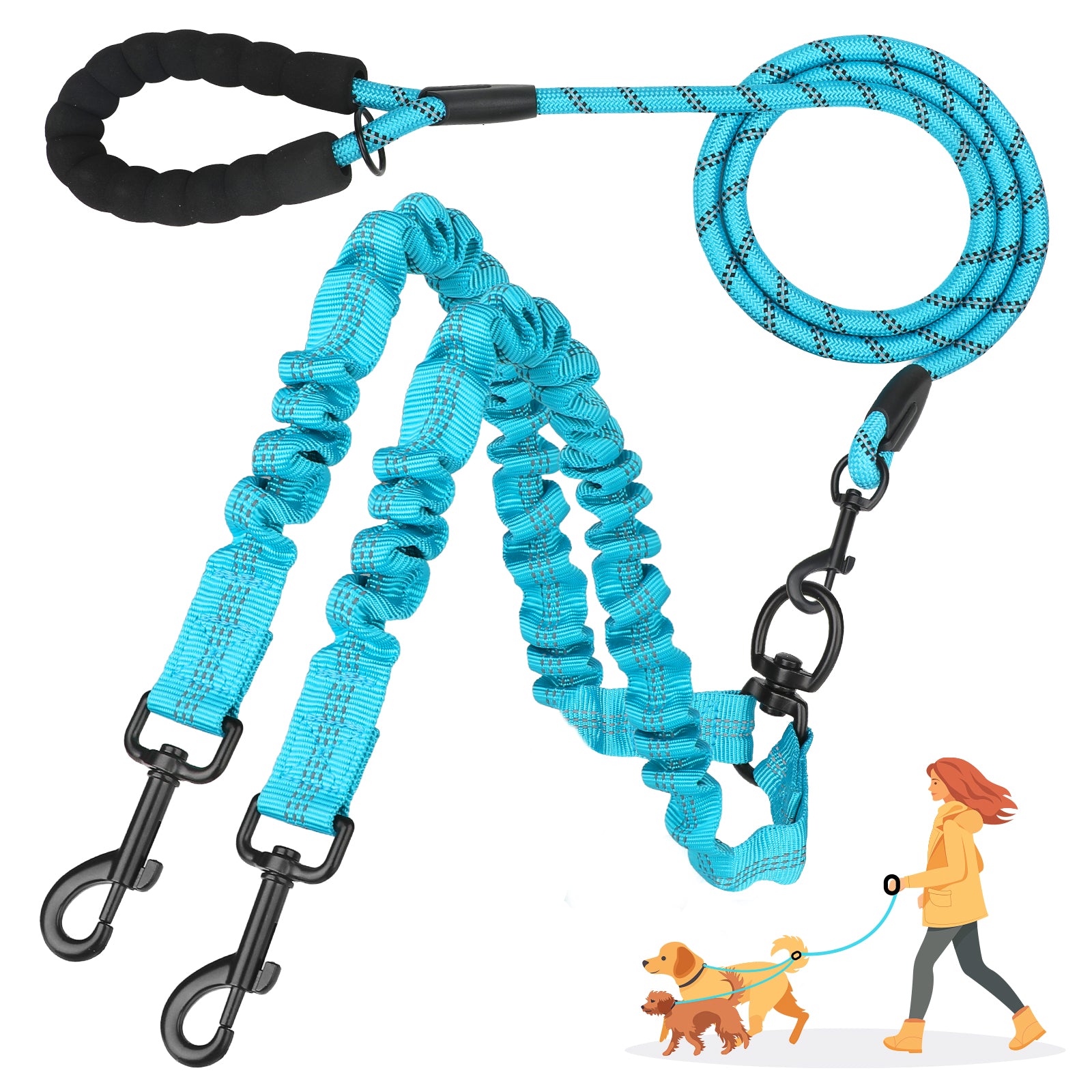 Jewyow Double Dog Leash, 360° Swivel Tangle Free Bungee Walking Training for Large Medium Dogs, Reflective Dog Leash for 2 Dogs, Purple