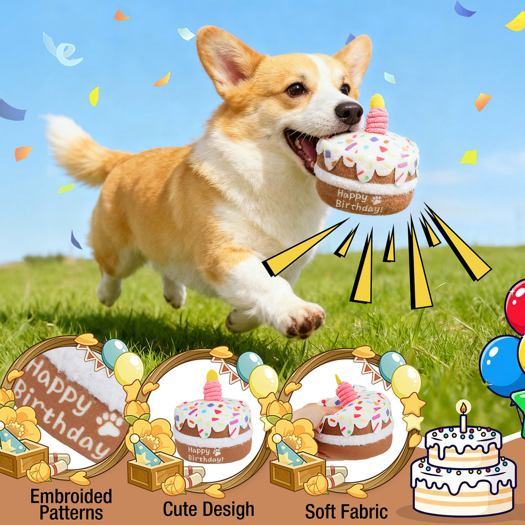 Jewyow Dog Birthday Toys for Large Dogs - Squeaky Plush "Cake" with Chew Guard, Durable & Fun Birthday Gift for Pets