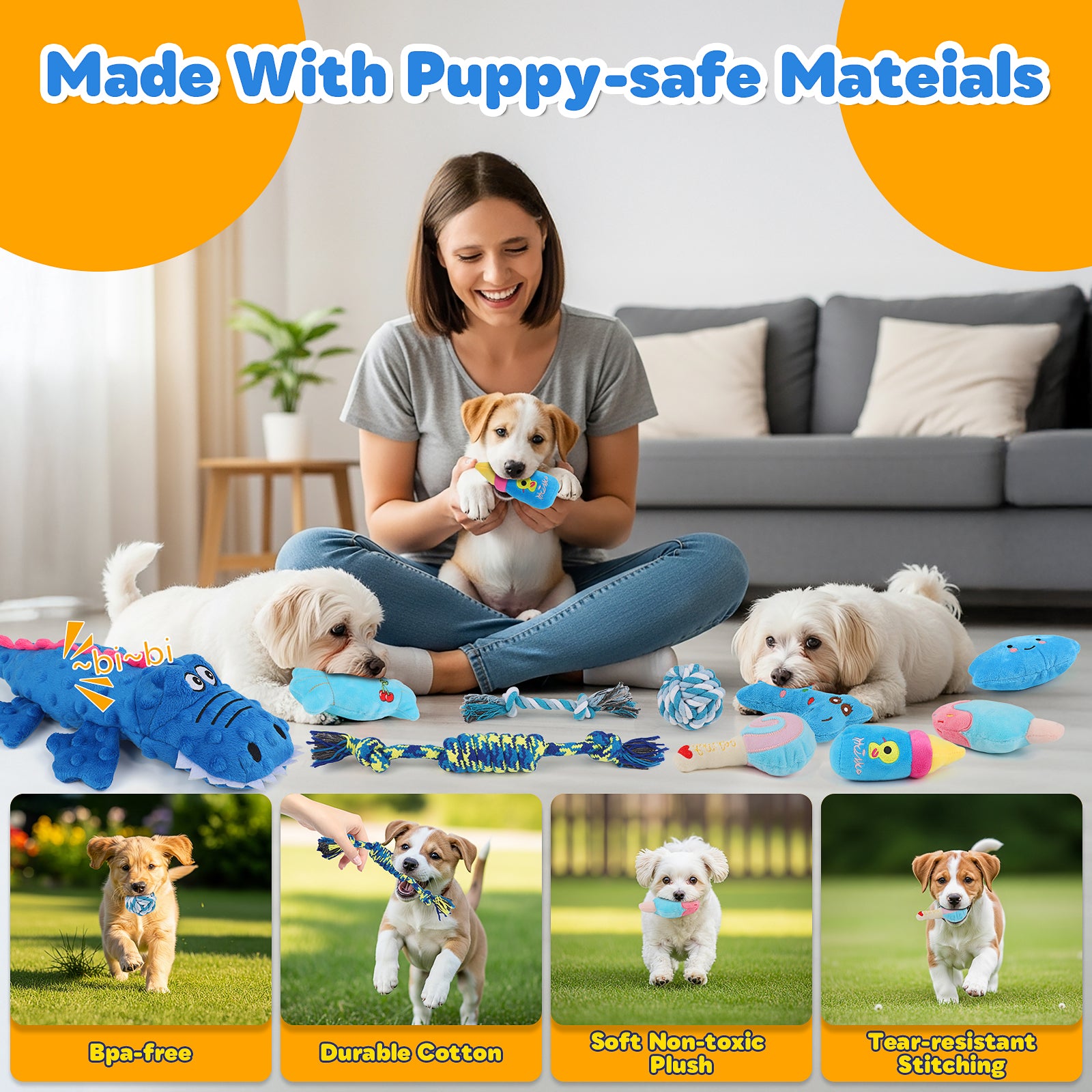 Jewyow 10-Pack Dog Toys Set for Small Dogs, Squeaky Plush Chew Toys with Ball & Rope for Puppy Teeth Cleaning, Interactive Fun and Training