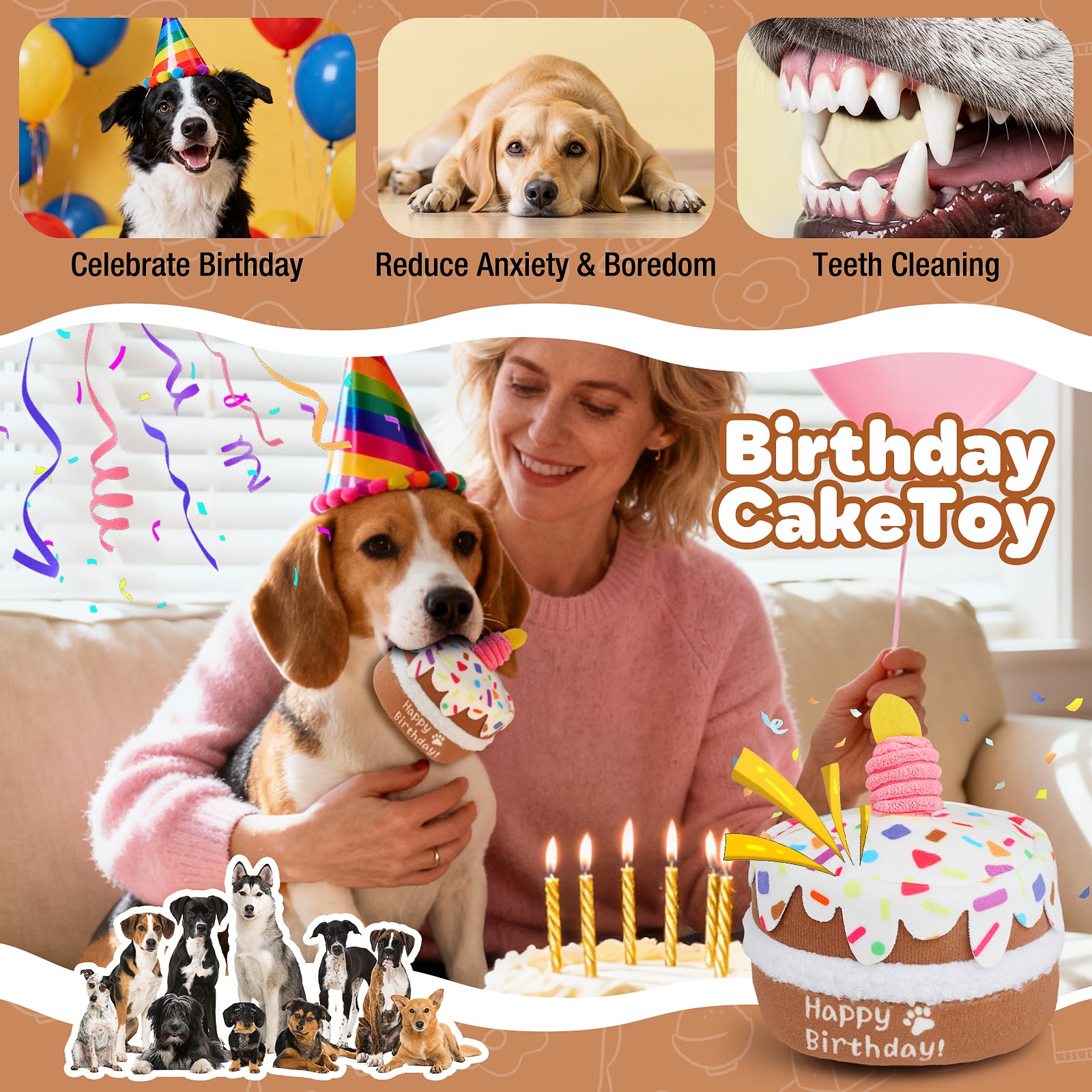 Jewyow Dog Birthday Toys for Large Dogs - Squeaky Plush "Cake" with Chew Guard, Durable & Fun Birthday Gift for Pets