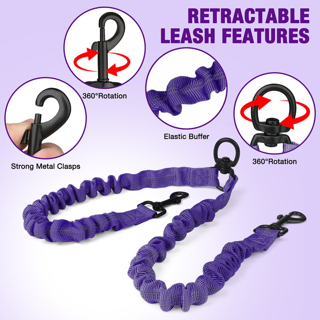 Jewyow Double Dog Leash, 360° Swivel Tangle Free Bungee Walking Training for Large Medium Dogs, Reflective Dog Leash for 2 Dogs, Purple