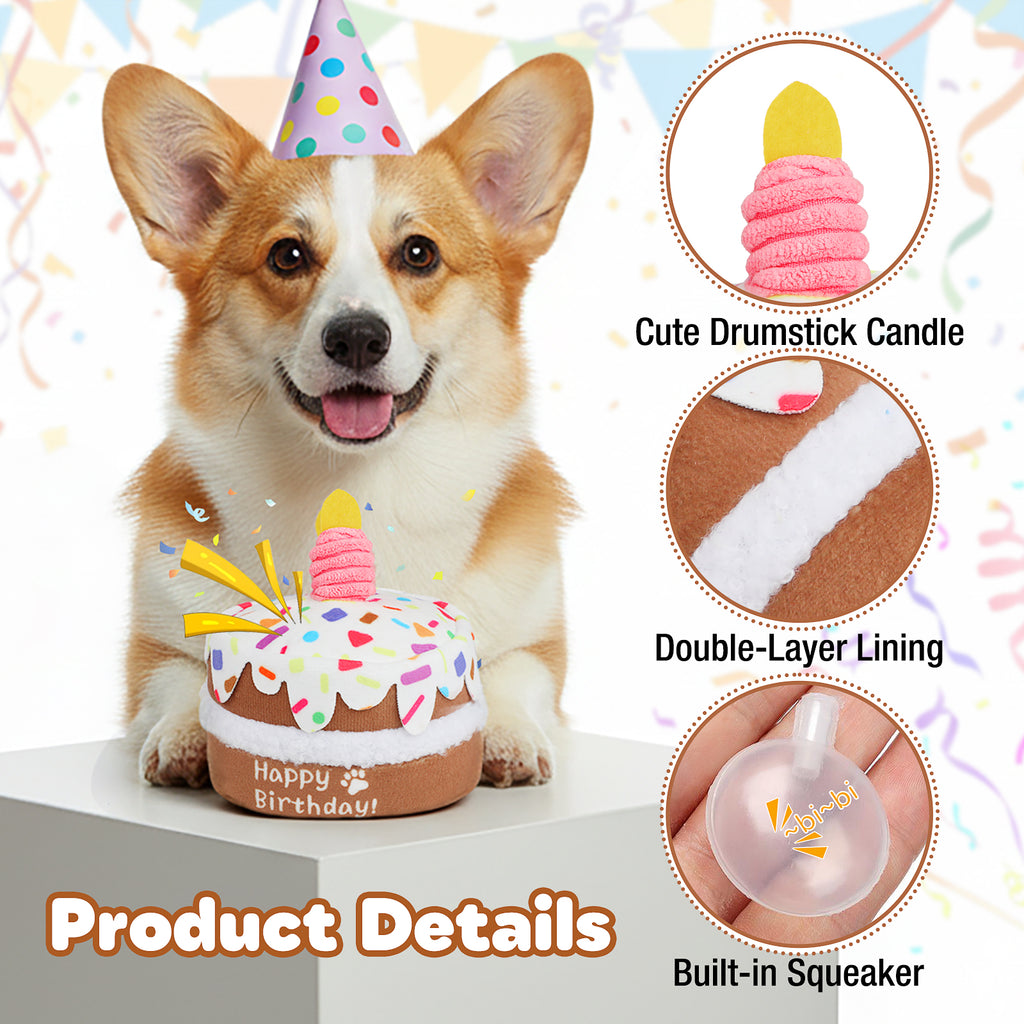 Jewyow Dog Birthday Toys for Large Dogs - Squeaky Plush "Cake" with Chew Guard, Durable & Fun Birthday Gift for Pets