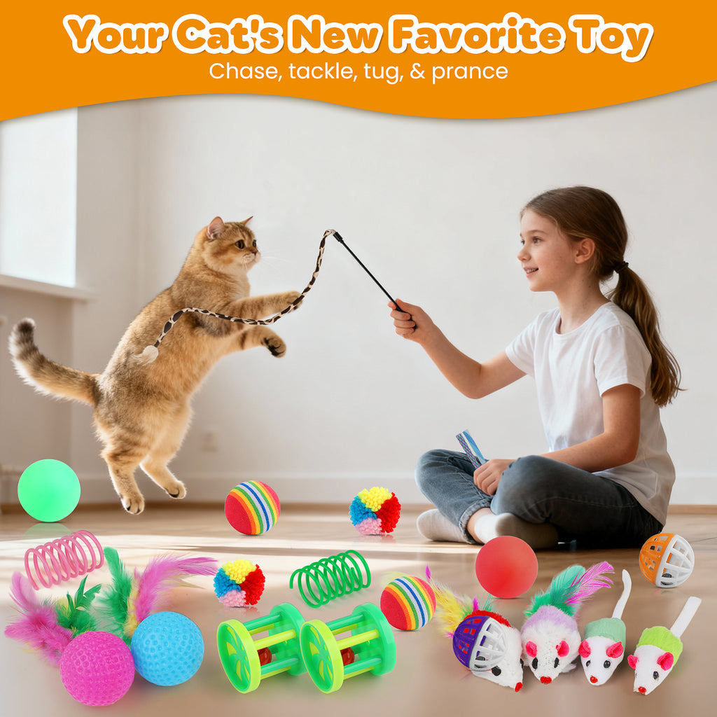 Jewyow 22 PCS Cats Toy Assortment, Catnip Toys, Interactive Pet Balls, Kitten Chew Toys, Feather Teaser Wand, Rainbow Tunnel & Mice Toys for Indoor Kitty