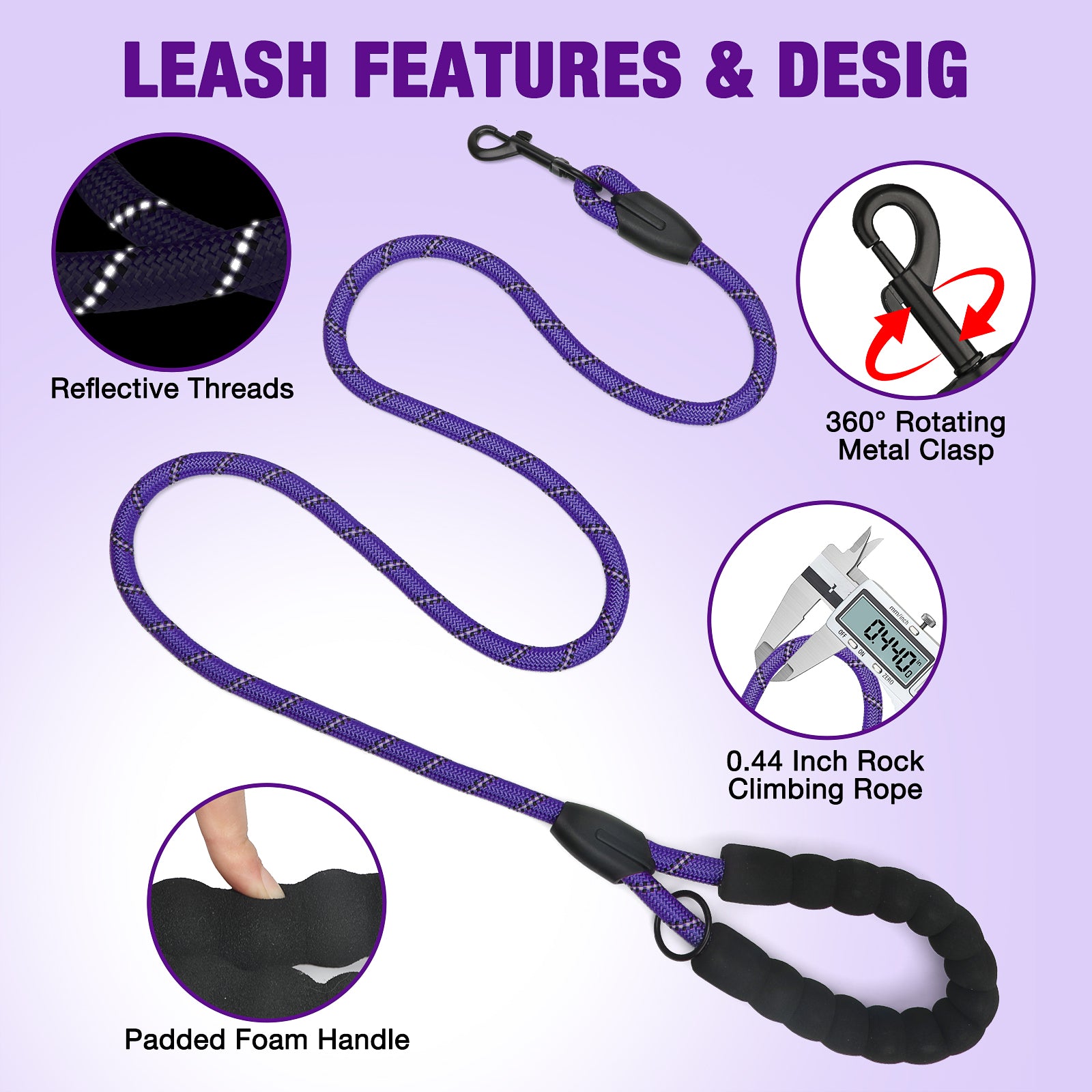 Jewyow Double Dog Leash, 360° Swivel Tangle Free Bungee Walking Training for Large Medium Dogs, Reflective Dog Leash for 2 Dogs, Purple