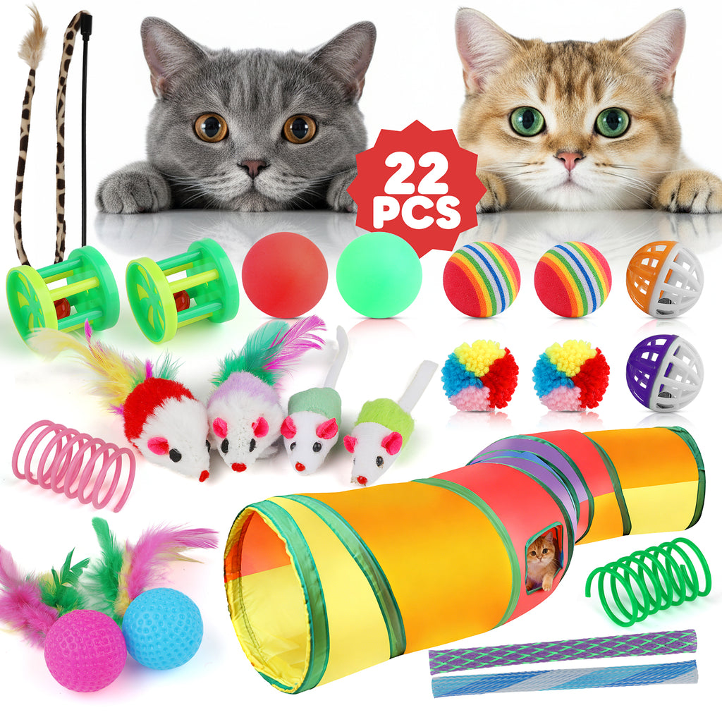 Jewyow 22 PCS Cats Toy Assortment, Catnip Toys, Interactive Pet Balls, Kitten Chew Toys, Feather Teaser Wand, Rainbow Tunnel & Mice Toys for Indoor Kitty
