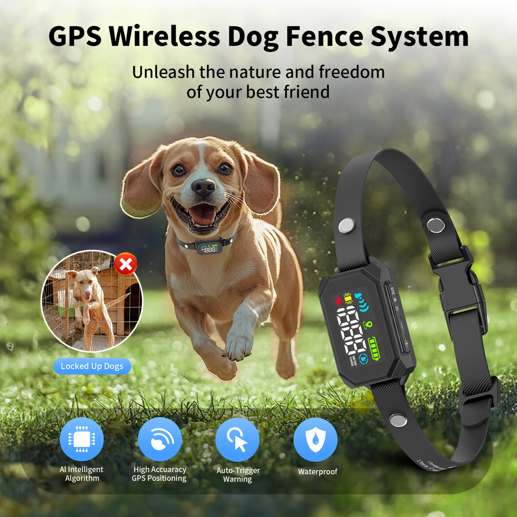 Jewyow GPS Wireless Electric Dog Fence, Perimeter Containment System with Rechargeable Collar, 33–1999 Yards Range, IPX7 Waterproof, 3 Correction Modes (Beep/Vibration/Shock)
