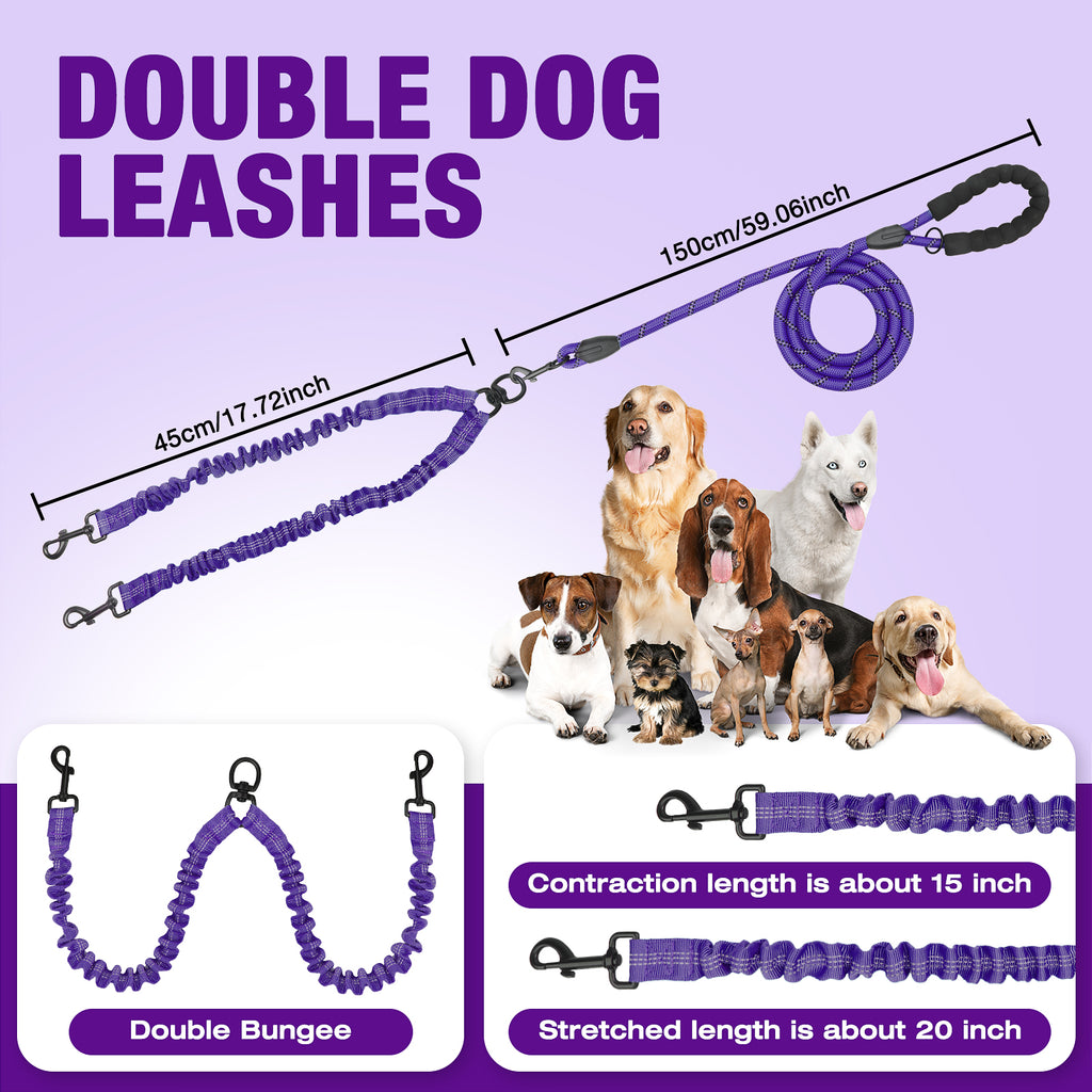 Jewyow Double Dog Leash, 360° Swivel Tangle Free Bungee Walking Training for Large Medium Dogs, Reflective Dog Leash for 2 Dogs, Purple