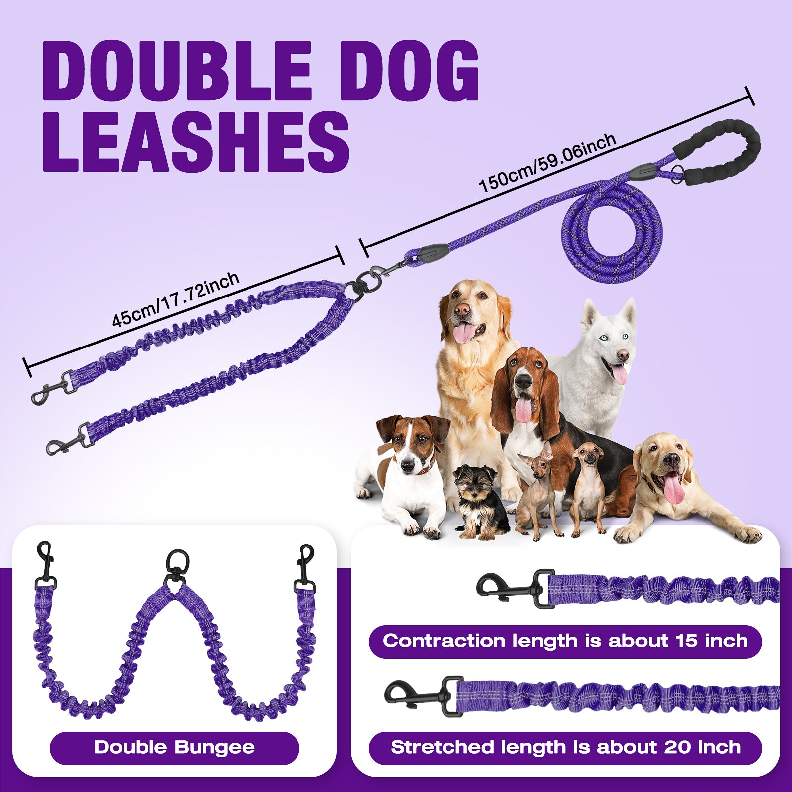Jewyow Double Dog Leash, 360° Swivel Tangle Free Bungee Walking Training for Large Medium Dogs, Reflective Dog Leash for 2 Dogs, Purple