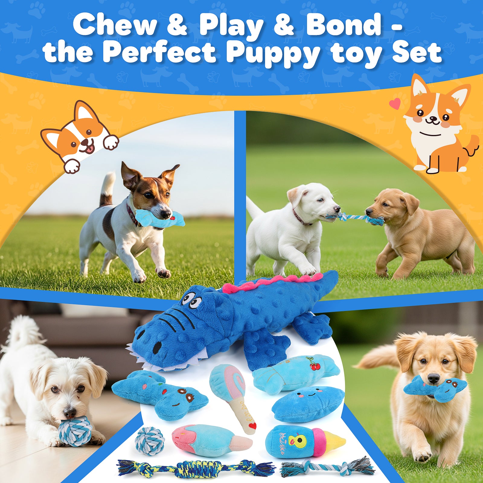 Jewyow 10-Pack Dog Toys Set for Small Dogs, Squeaky Plush Chew Toys with Ball & Rope for Puppy Teeth Cleaning, Interactive Fun and Training