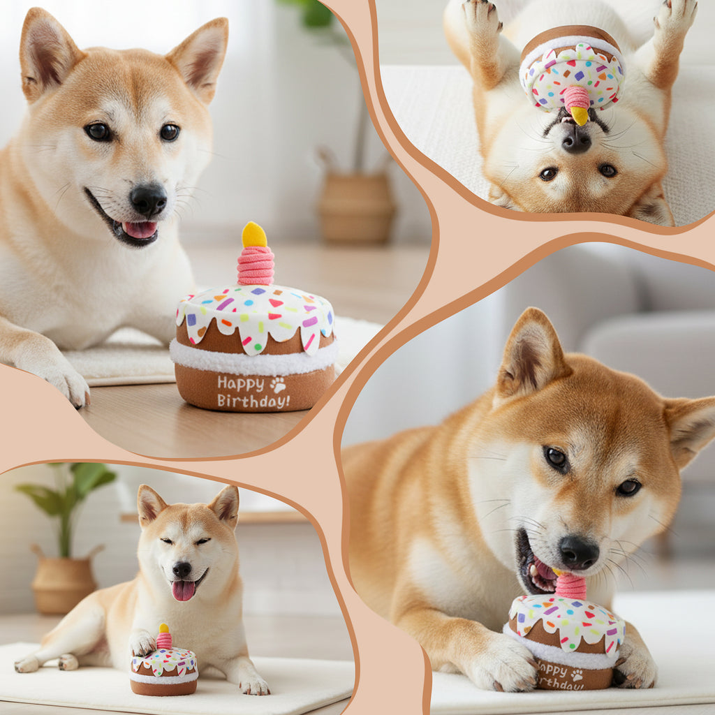 Jewyow Dog Birthday Toys for Large Dogs - Squeaky Plush "Cake" with Chew Guard, Durable & Fun Birthday Gift for Pets