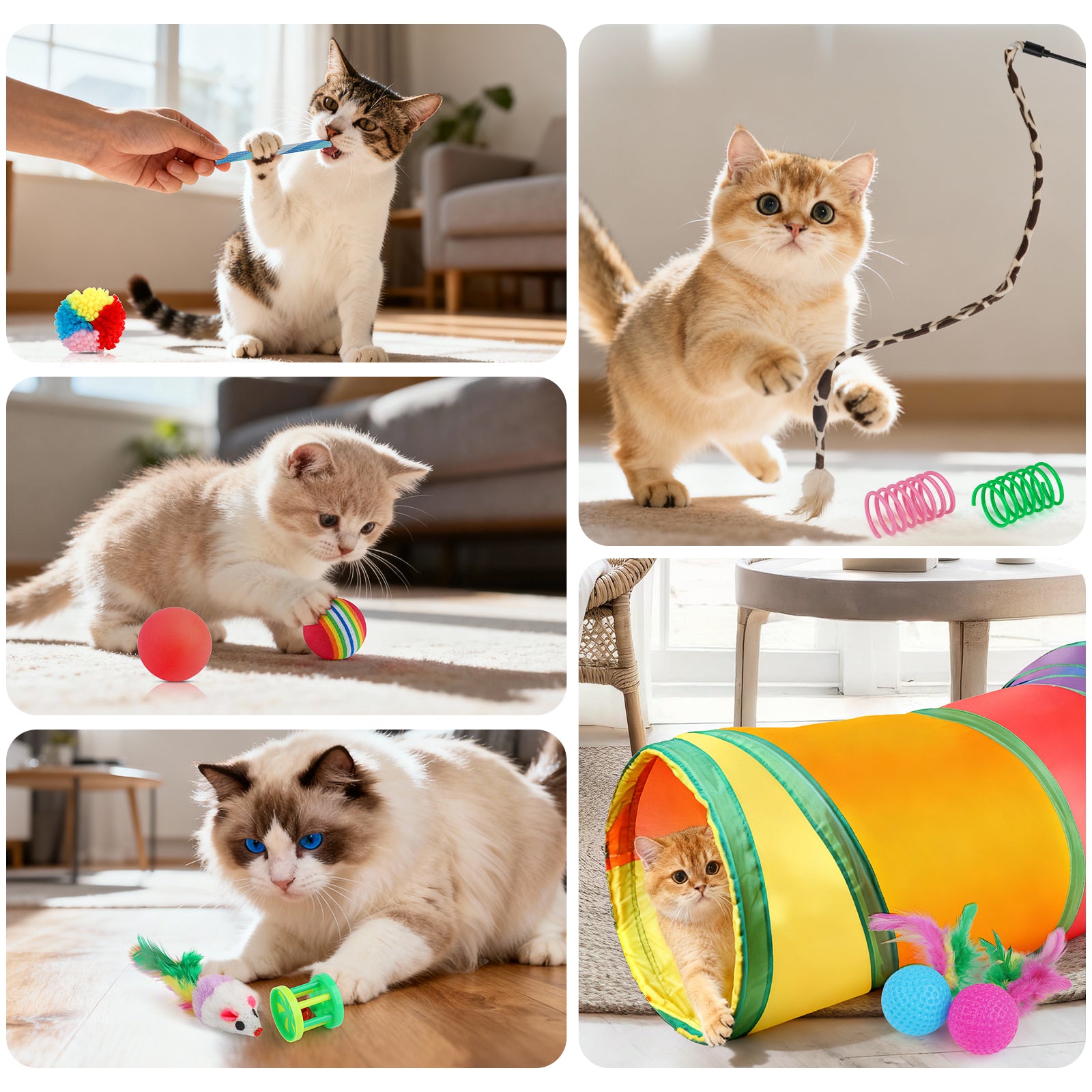 Jewyow 22 PCS Cats Toy Assortment, Catnip Toys, Interactive Pet Balls, Kitten Chew Toys, Feather Teaser Wand, Rainbow Tunnel & Mice Toys for Indoor Kitty