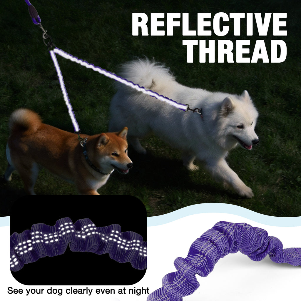 Jewyow Double Dog Leash, 360° Swivel Tangle Free Bungee Walking Training for Large Medium Dogs, Reflective Dog Leash for 2 Dogs, Purple