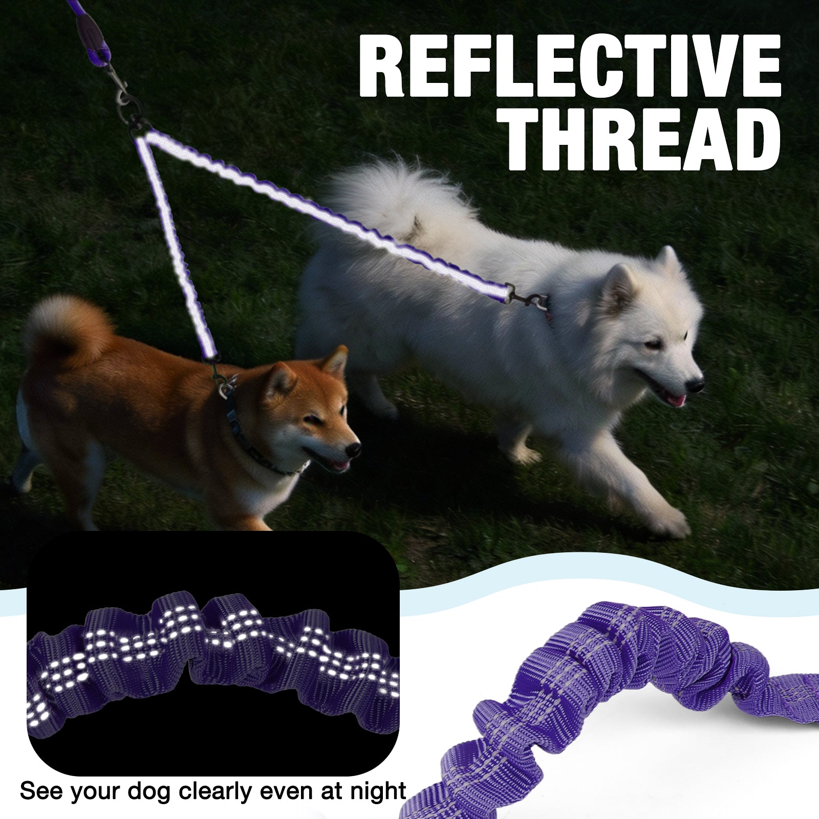 Jewyow Double Dog Leash, 360° Swivel Tangle Free Bungee Walking Training for Large Medium Dogs, Reflective Dog Leash for 2 Dogs, Purple