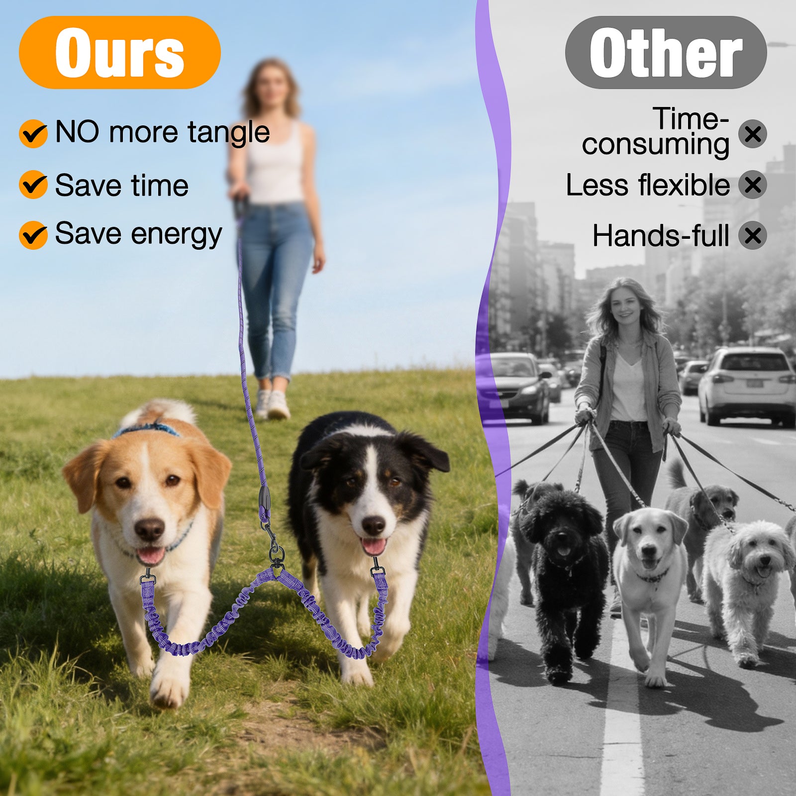 Jewyow Double Dog Leash, 360° Swivel Tangle Free Bungee Walking Training for Large Medium Dogs, Reflective Dog Leash for 2 Dogs, Purple